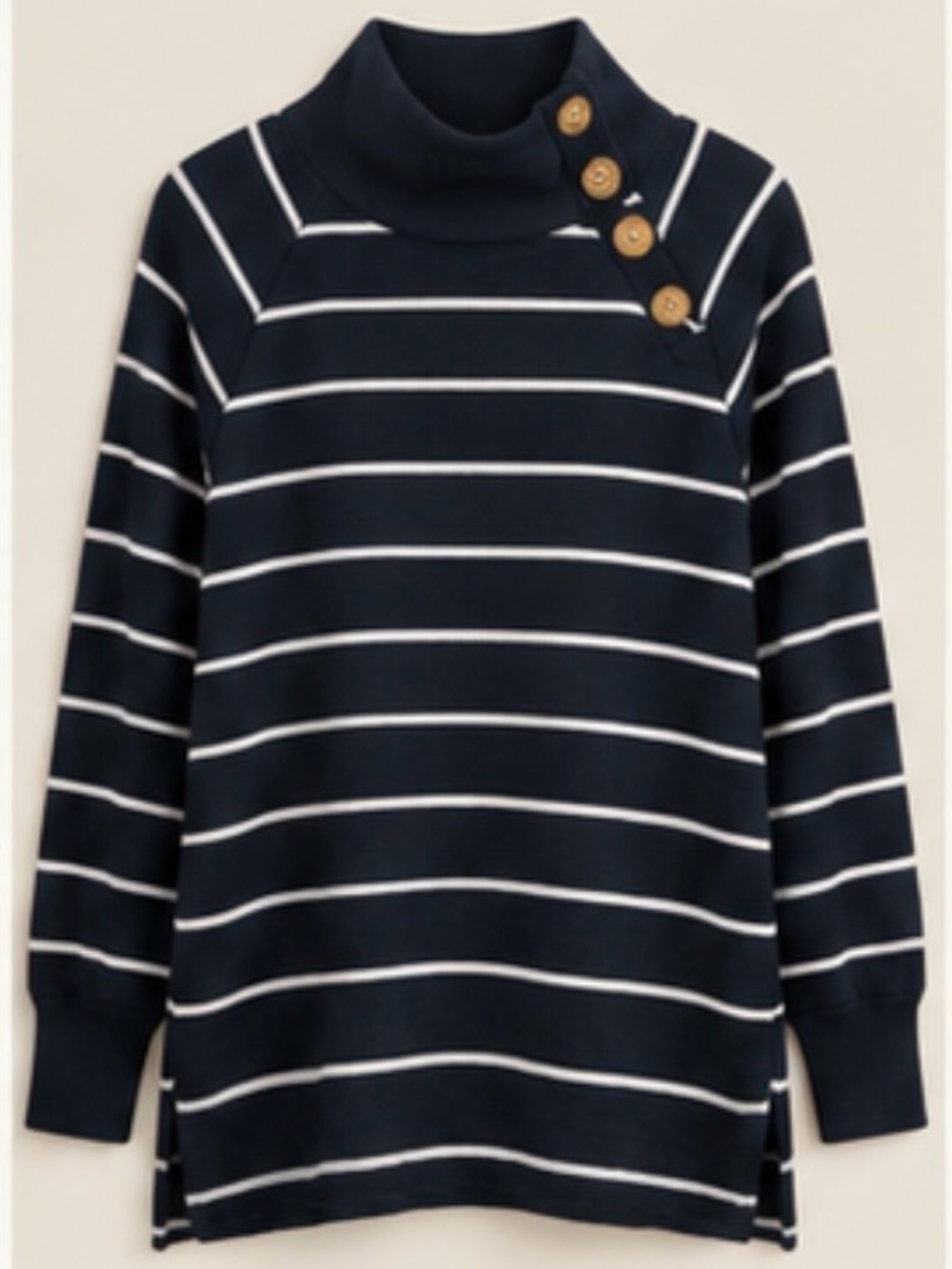 J.Crew Black White Stripe Funnel Neck Sweater S Button Shoulder Nautical